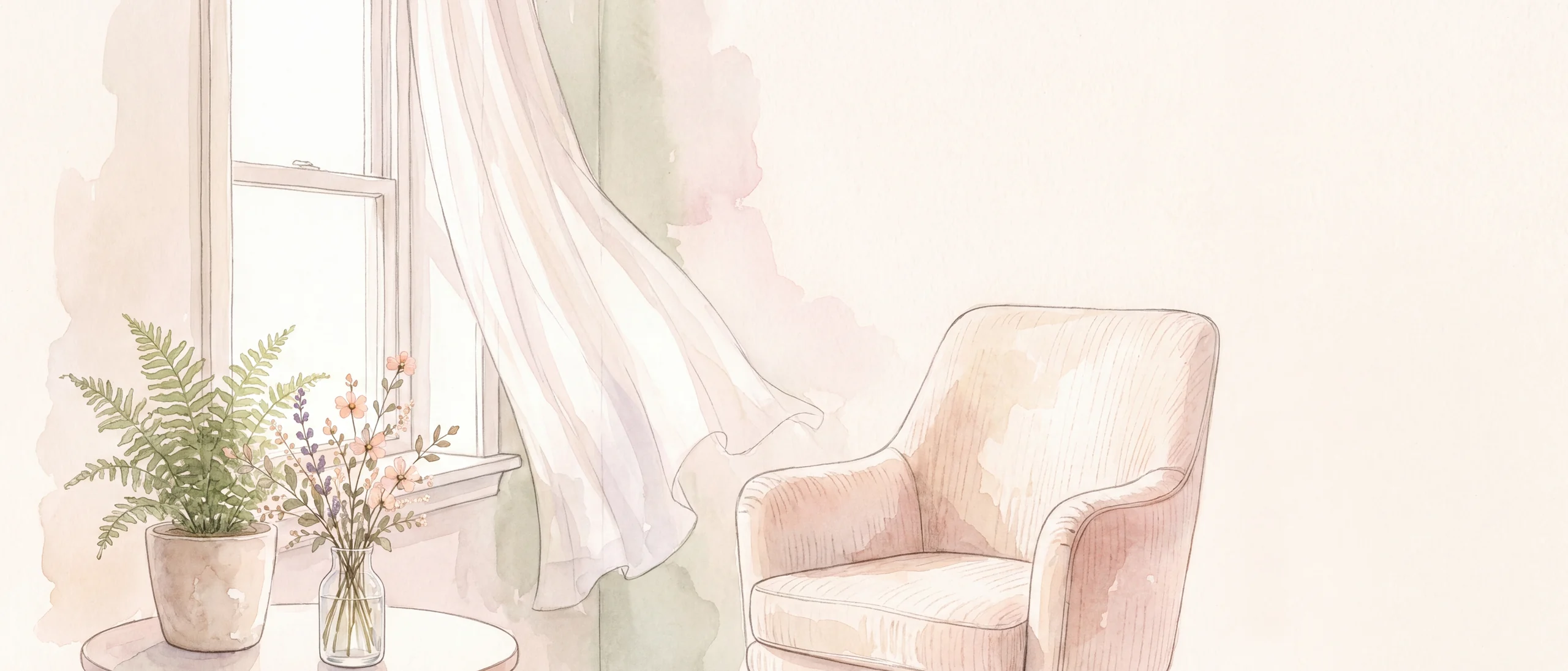 A watercolour painting of a quiet corner with an armchair beside a sunlit window