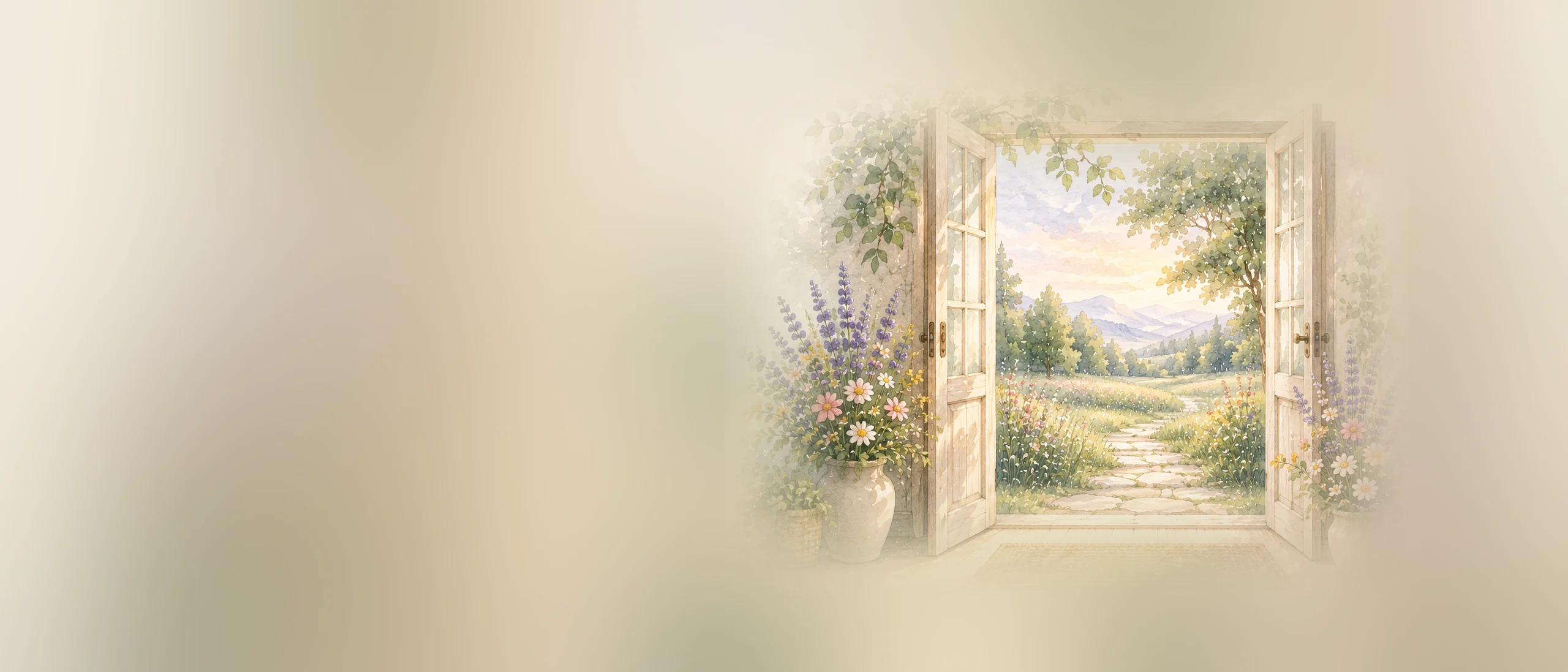 A watercolour painting of an open doorway looking out onto a wildflower path and distant hills