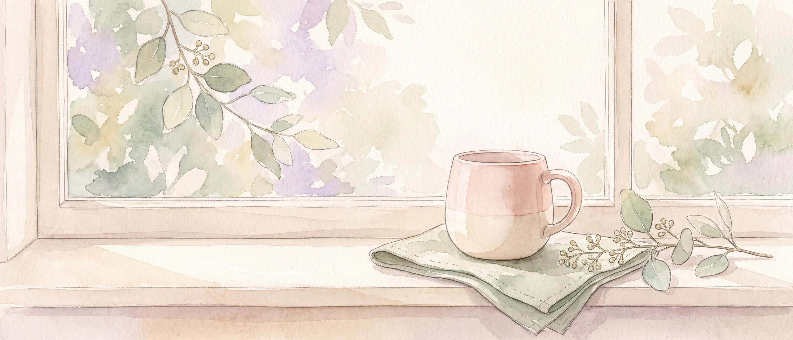 A watercolour painting of a sunlit windowsill with a ceramic mug and a folded cloth