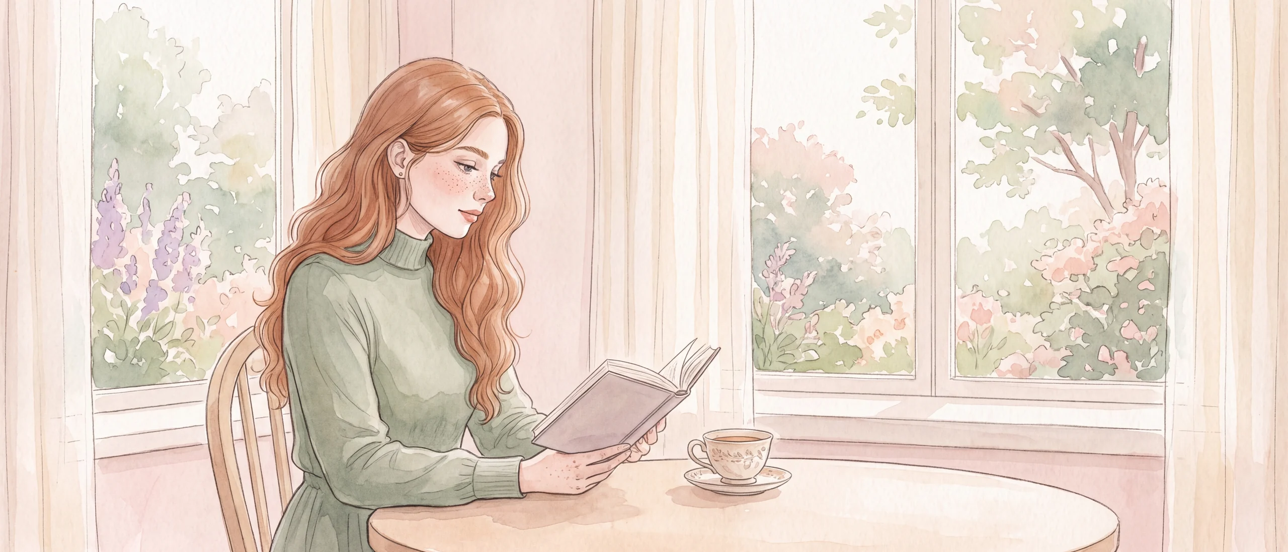 A watercolour painting of a woman reading at a table beside a bright garden window