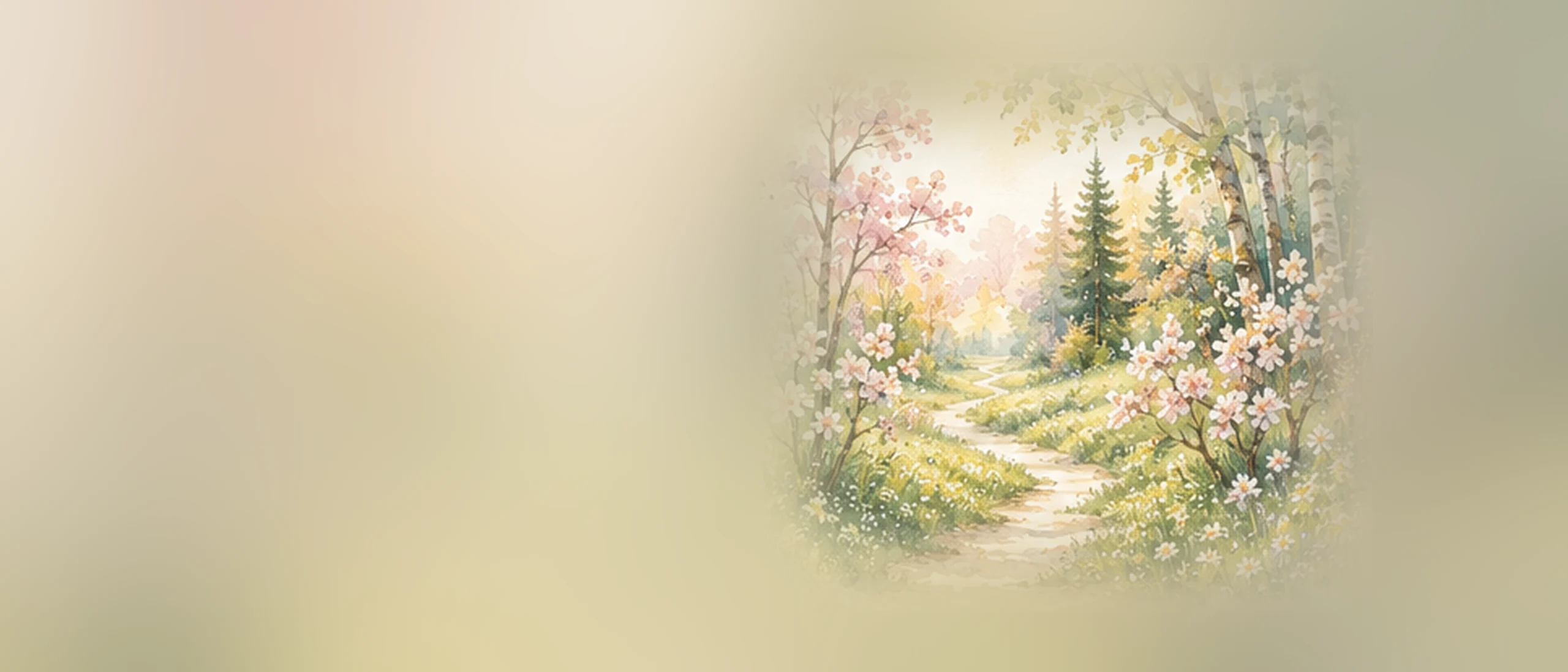 A watercolour painting of a soft woodland path winding between blossoming trees and wildflowers