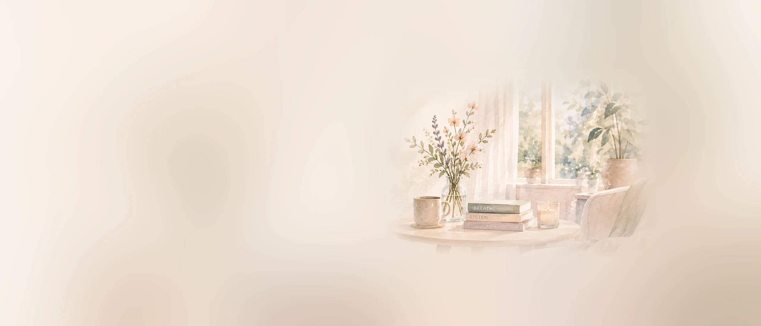 A watercolour painting of a sunlit corner with flowers, books and a soft armchair