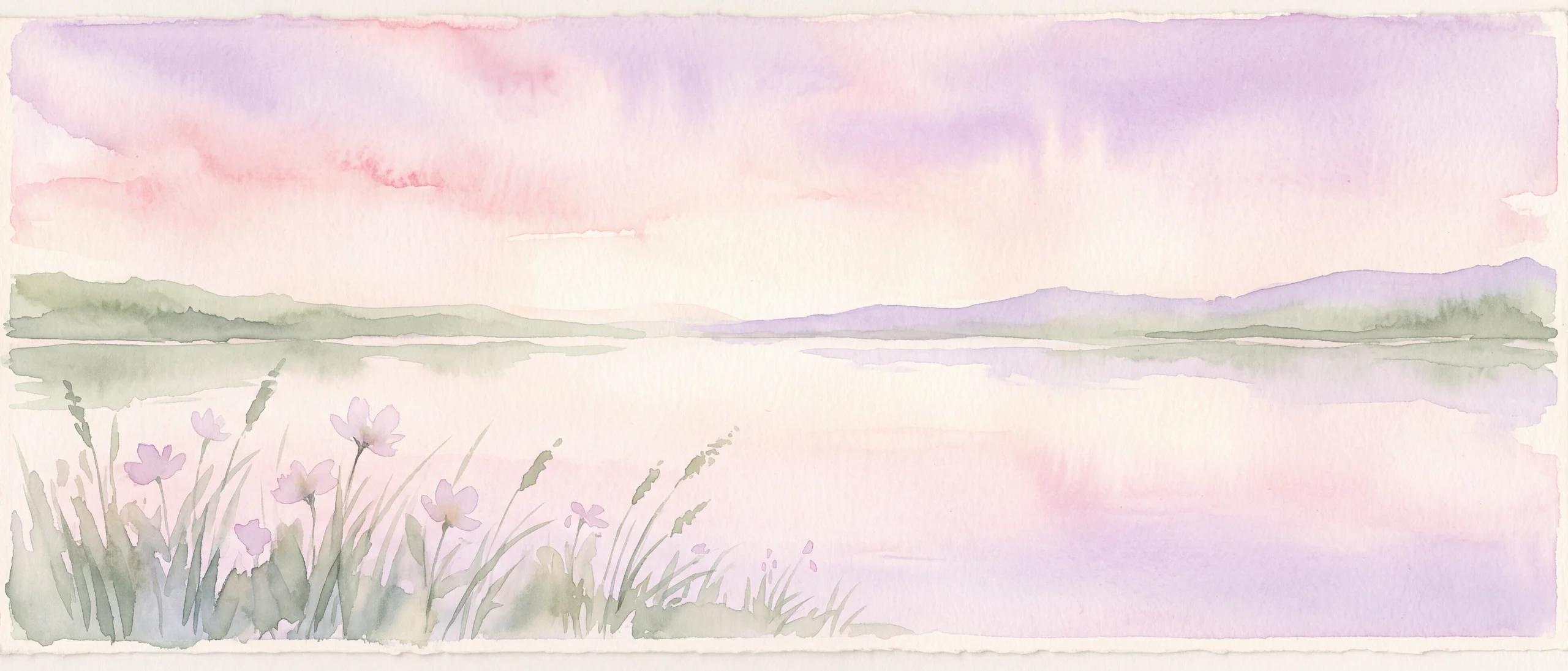 A watercolour painting of a still lake at first light under a soft pink and lavender sky