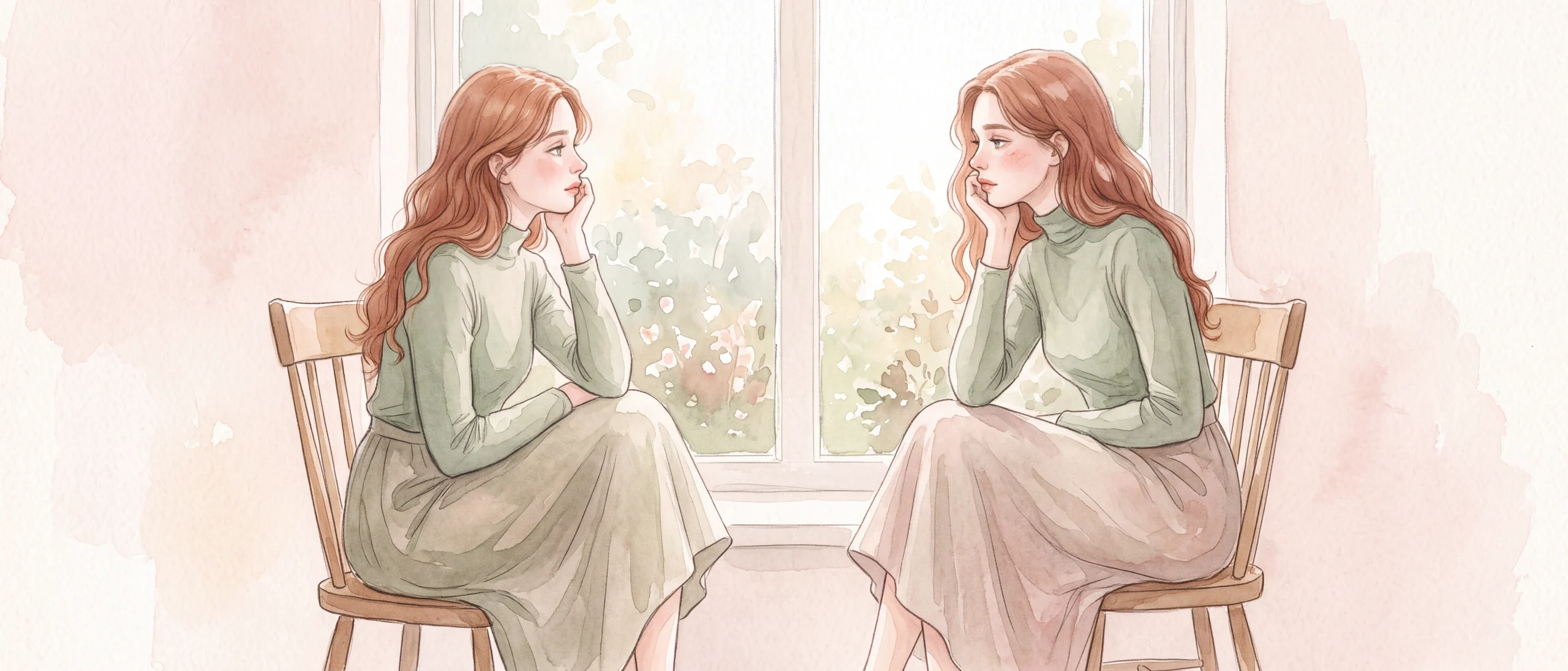 A watercolour painting of a woman sitting beside a bright window, resting her cheek on her hand