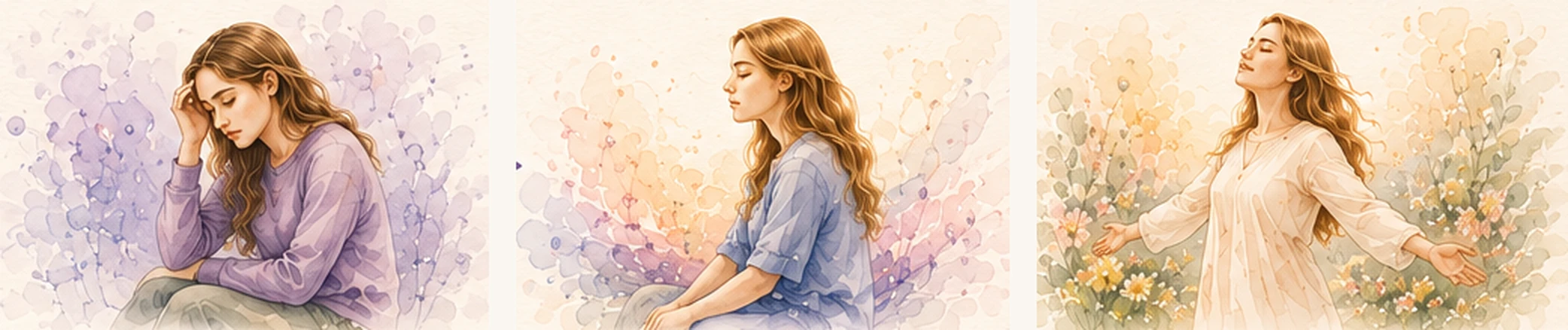 A watercolour sequence in three panels: a woman sitting with her head in her hand, then sitting upright and easier, then standing with her face turned up to the light