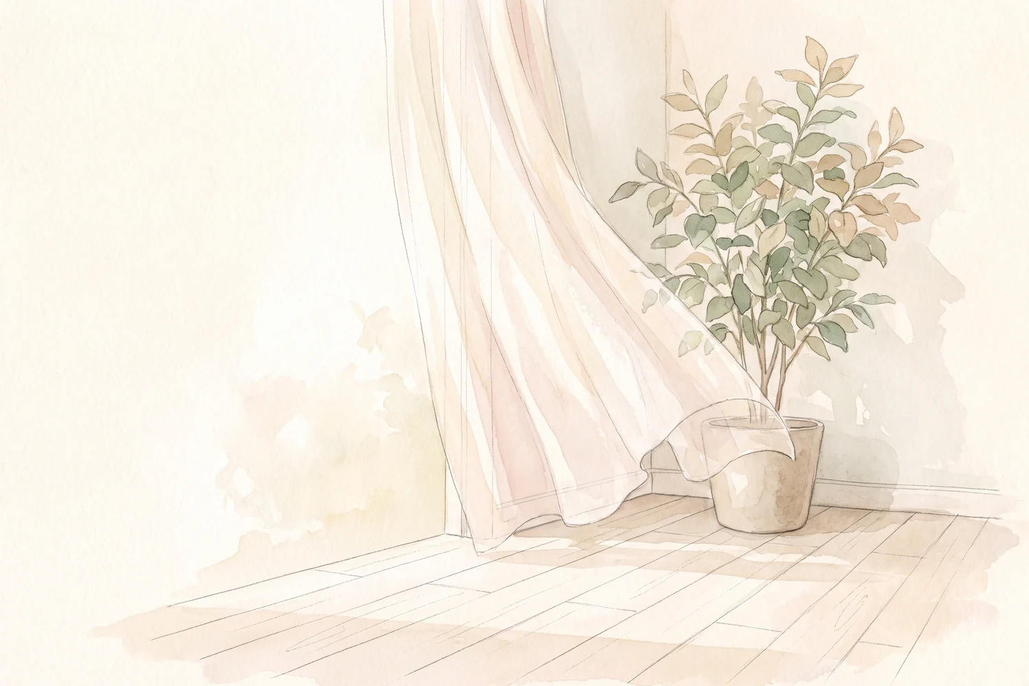 A bright airy corner of a room with a sunlit sheer curtain beside a plain table