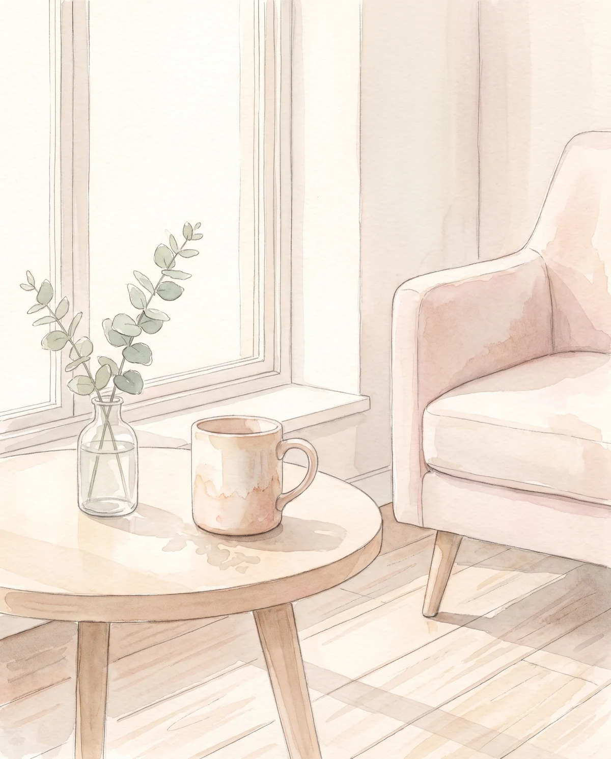 A quiet corner beside a window, a mug and a sprig of eucalyptus on a low oak table next to a linen-draped chair