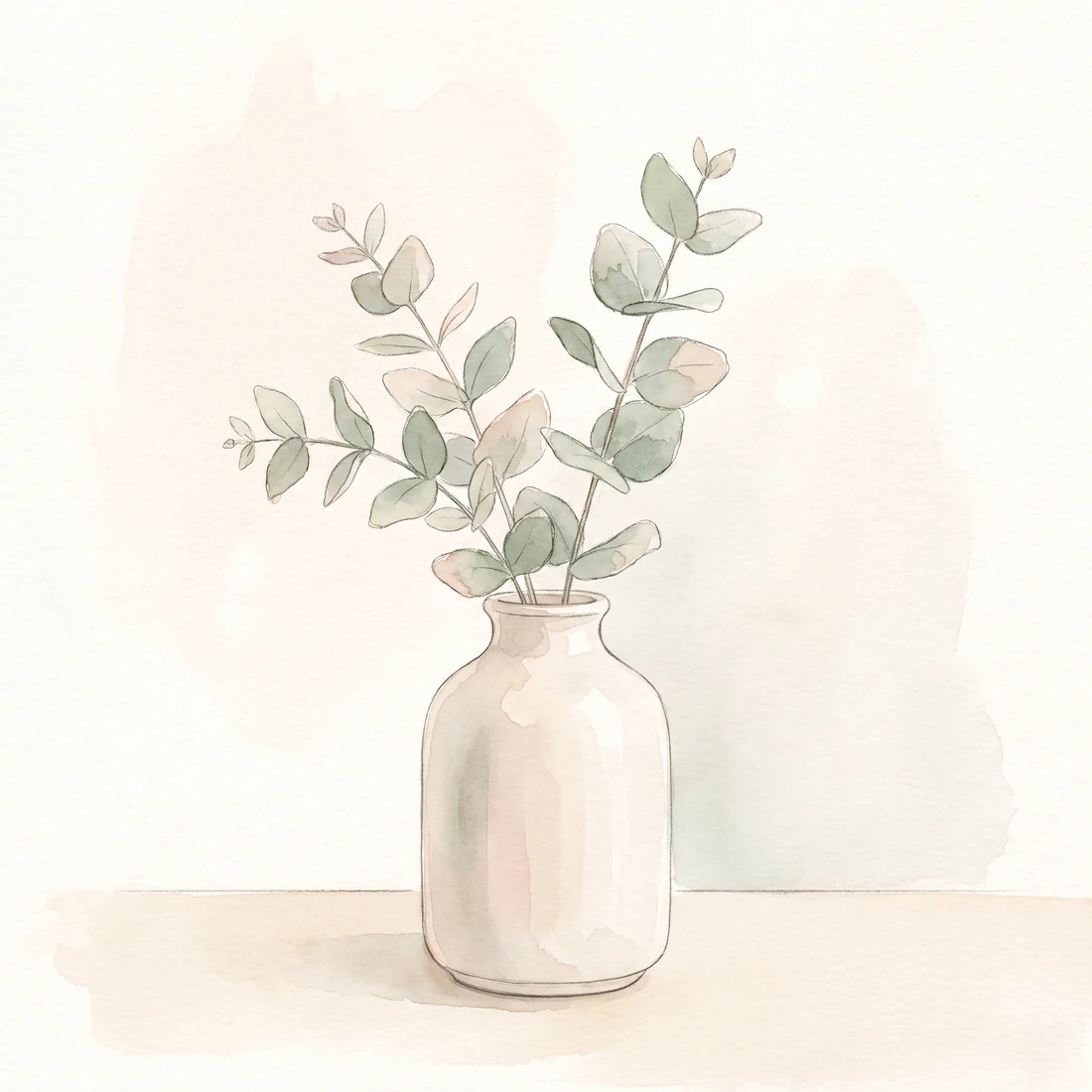 Eucalyptus stems in a pale ceramic vase