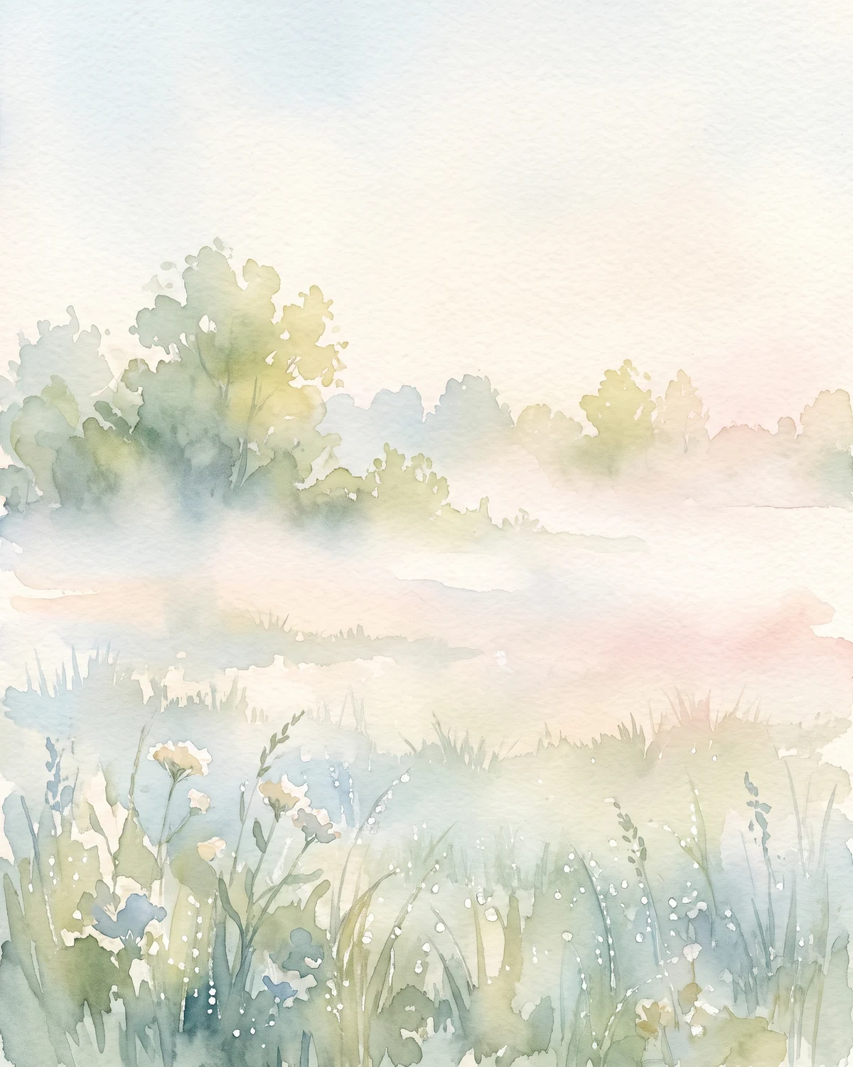 Morning fog lifting off an open field, a treeline resolving out of the blur behind it