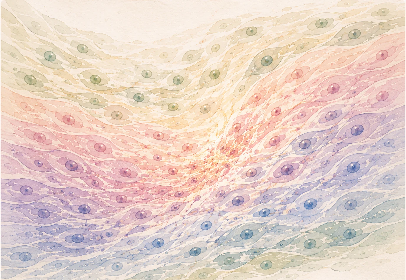 A soft watercolour painting of pastel cells and tissue flowing and repairing