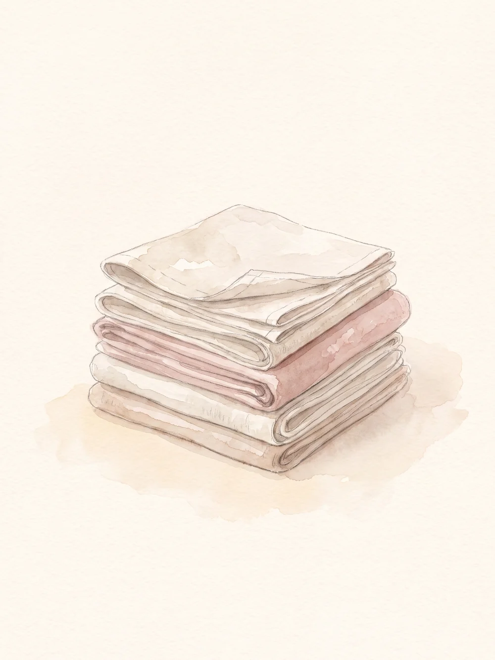 Folded oatmeal and dusty-rose linen cloths on a warm ground