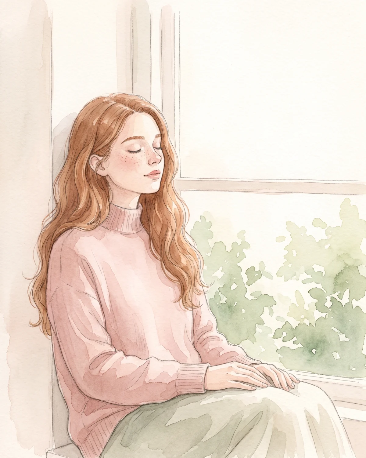 Someone seated by a bright window in a soft rose knit jumper, framed below the shoulders
