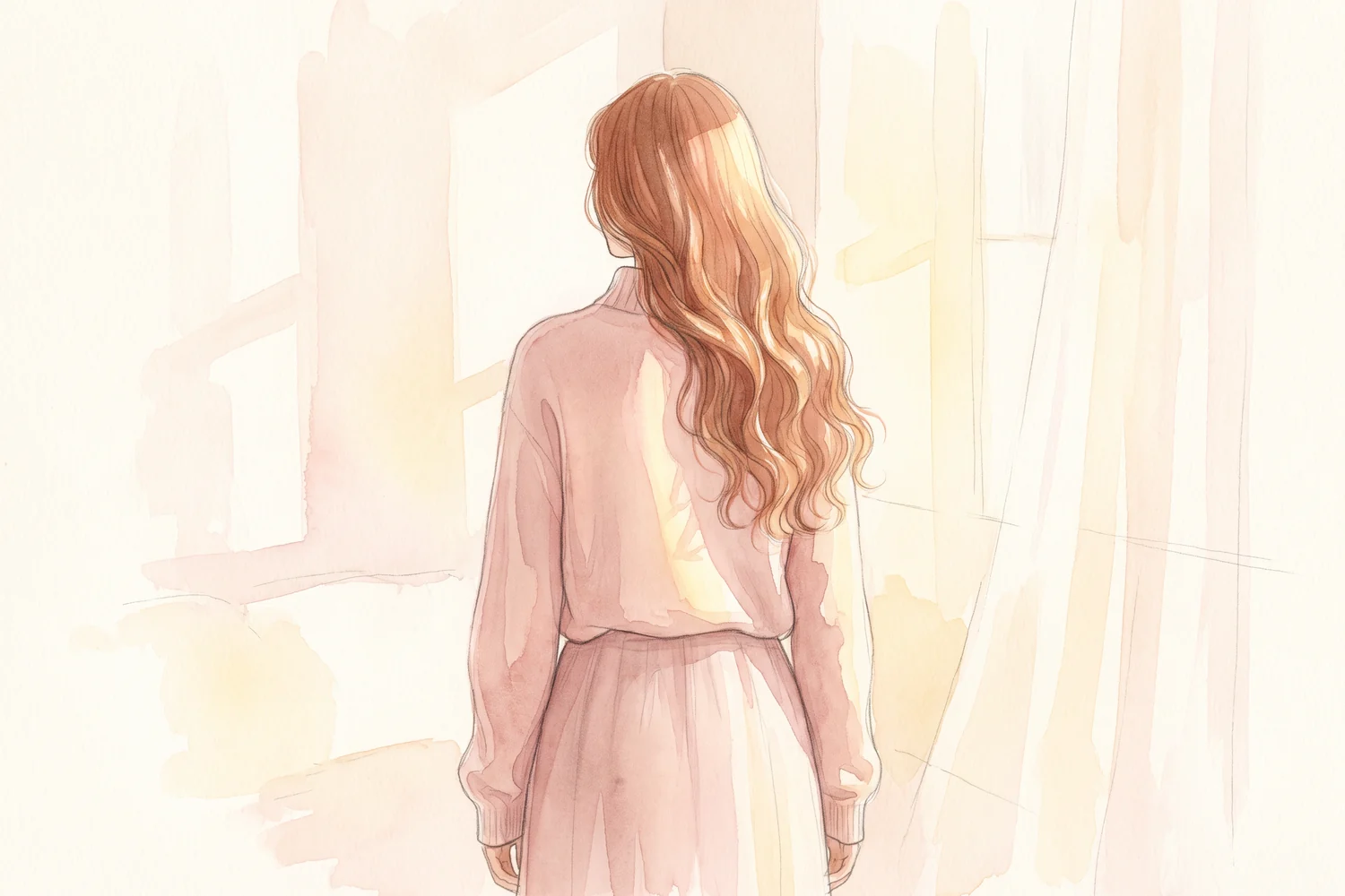 Someone seen from behind in a soft rose knit, a shaft of daylight falling across their shoulder
