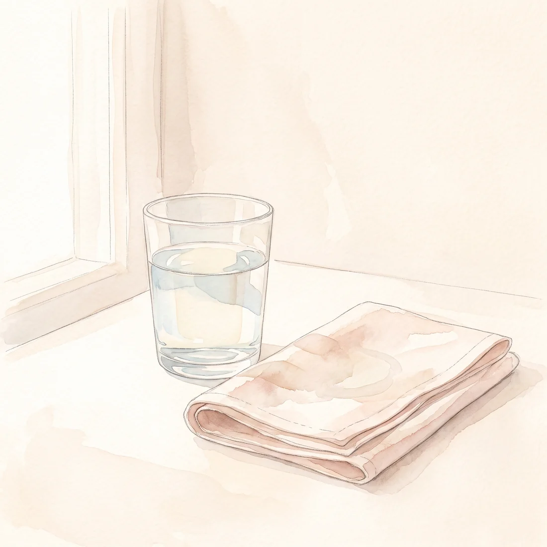 A glass of water beside a folded linen cloth