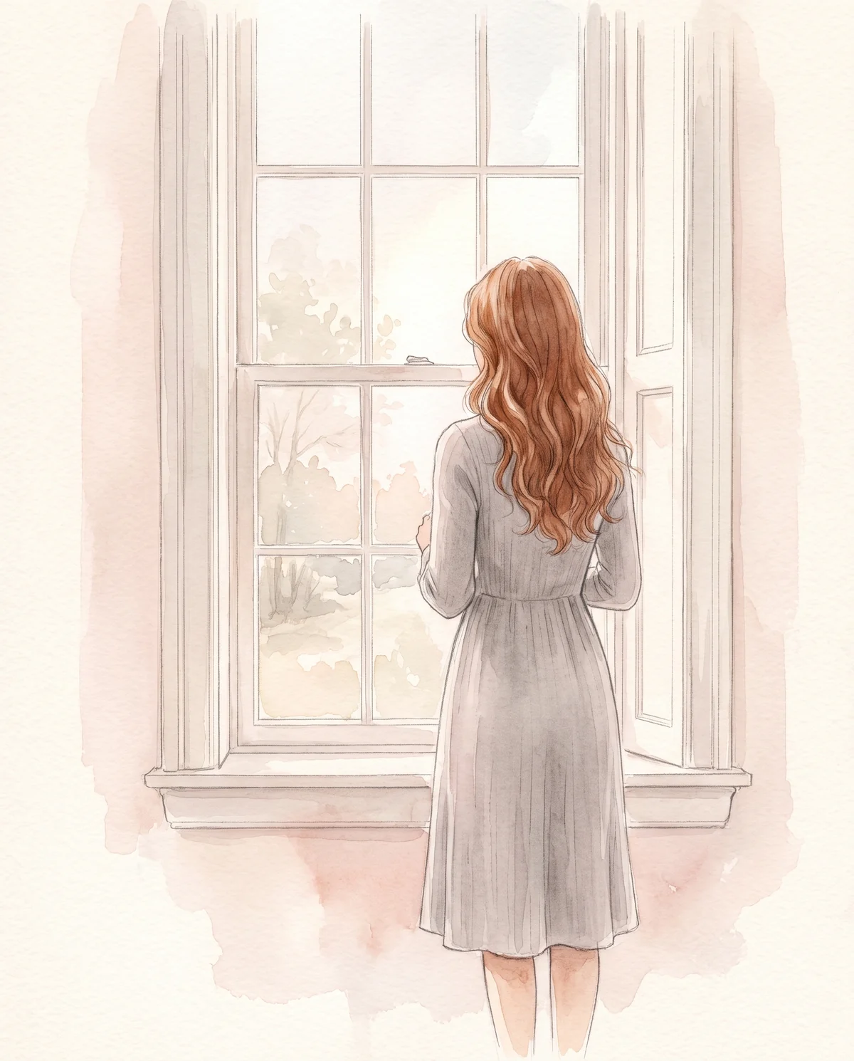 Someone standing at a window in a soft grey knit, seen from behind, tucking her hair behind her ear